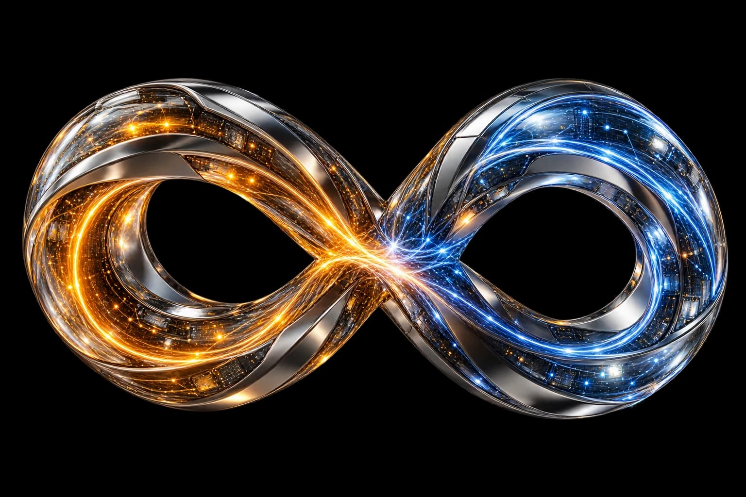 Infinito de metal y vidrio con conexiones luminosas naranja y azul