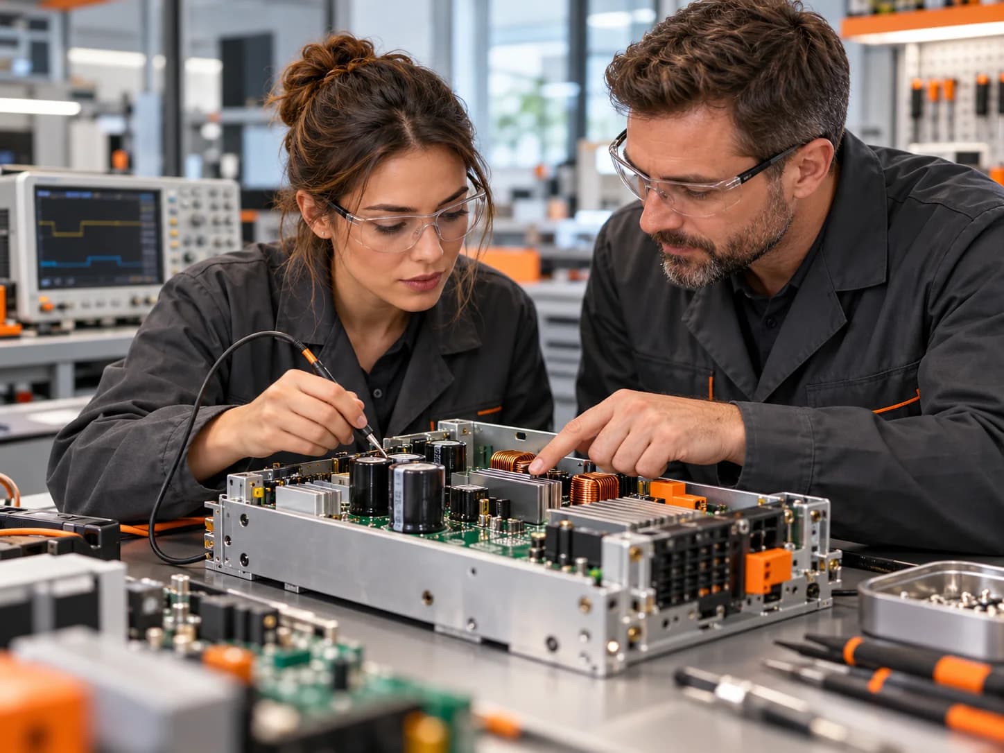 Escena ilustrativa de técnicos de electrónica trabajando en equipo
